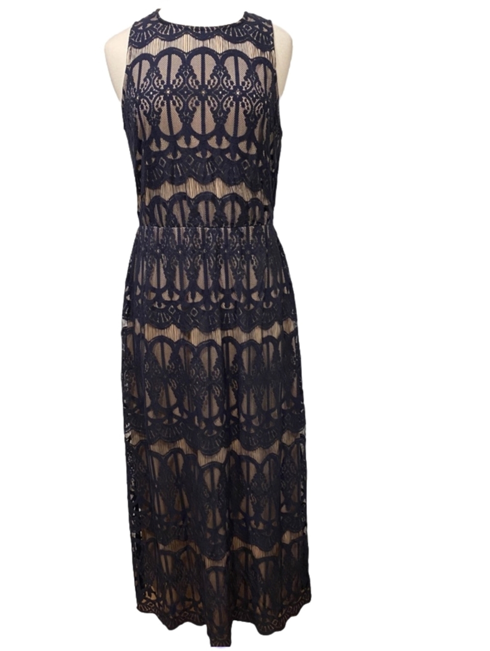 Jessica Howard Navy Maxi Lace Evening Dress Navy Size 12 MOTB Stretchy Gown Nude